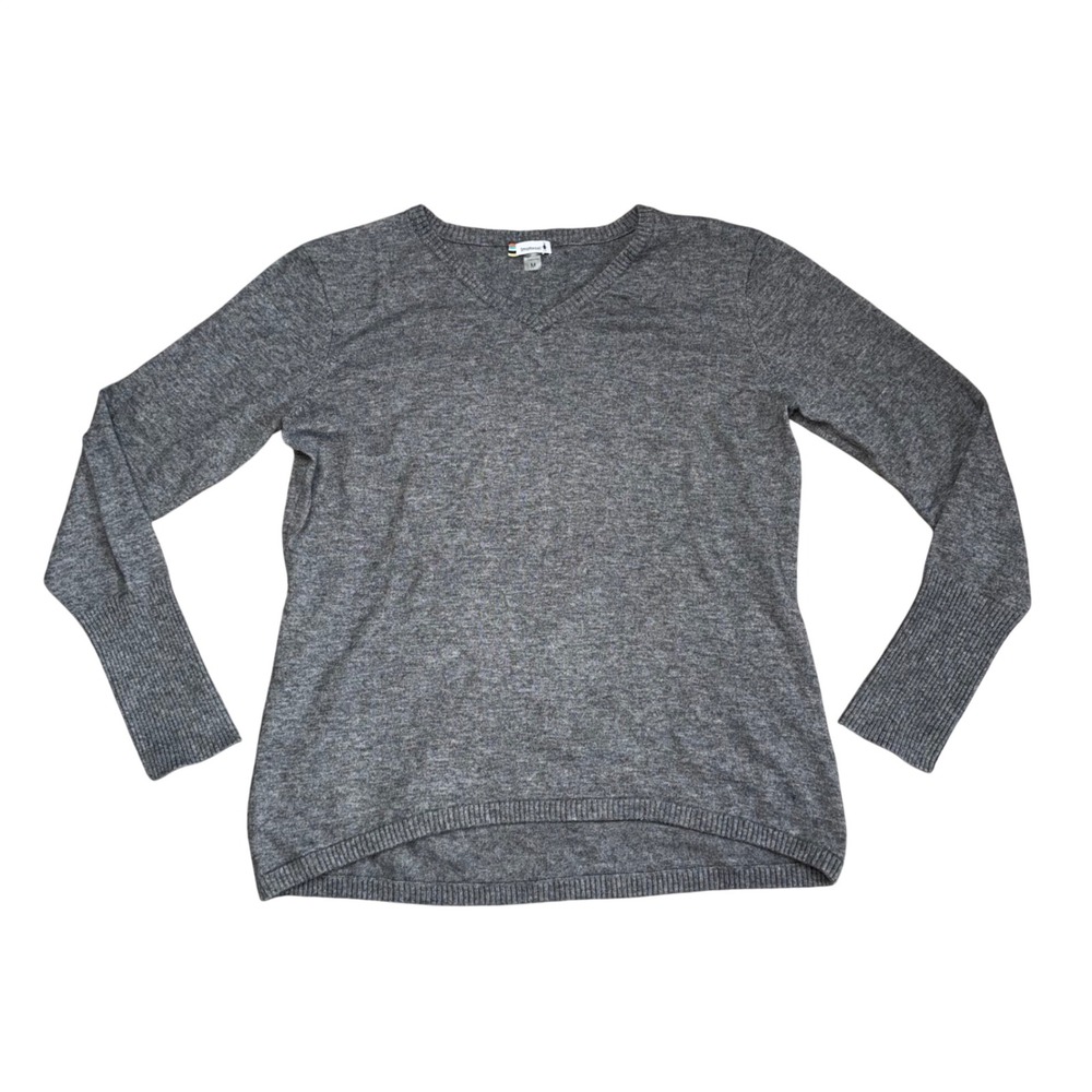Smartwool V-Neck Sweater Women Medium Gray Excellent Merino Wool Silk Blend Hem